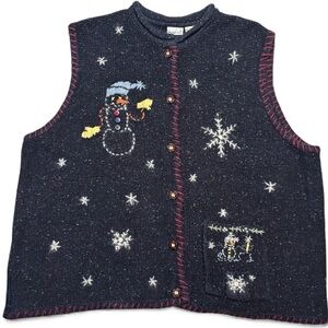 NorthCrest 2X Snowman Knit Vest Blue Embroidered Holiday Sweater Made Hong Kong